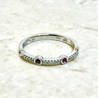Solid 10K White Gold Natural Diamond & Ruby Band Ring - WeilJewelry