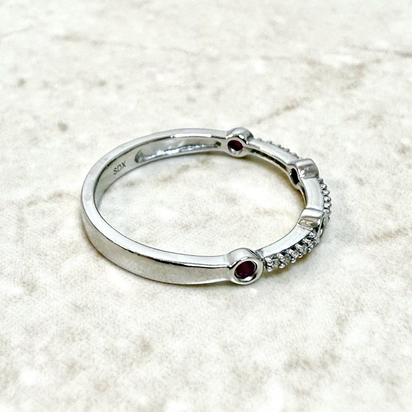 Solid 10K White Gold Natural Diamond & Ruby Band Ring - WeilJewelry