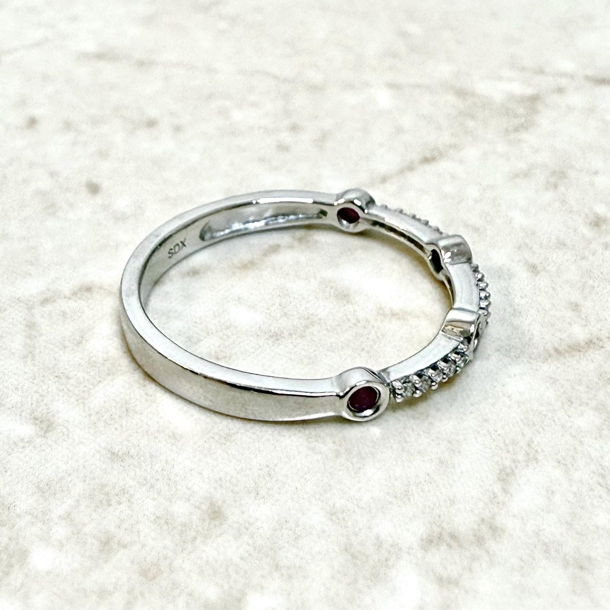 Solid 10K White Gold Natural Diamond & Ruby Band Ring - WeilJewelry