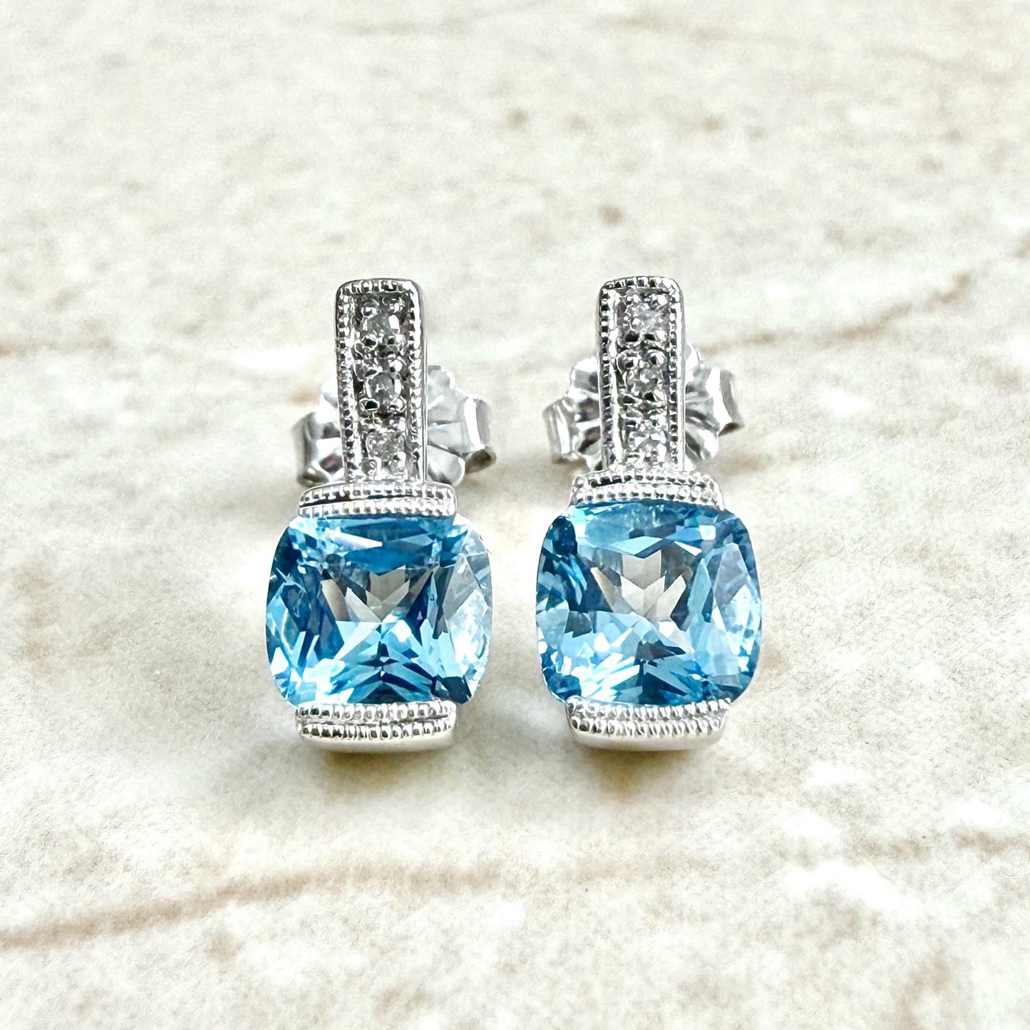 Solid 10K White Gold Swiss Blue Topaz & Diamond Earrings - WeilJewelry