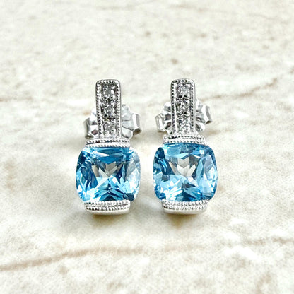 Solid 10K White Gold Swiss Blue Topaz & Diamond Earrings - WeilJewelry