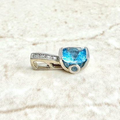 Solid 10K White Gold Swiss Blue Topaz & Diamond Pendant - WeilJewelry