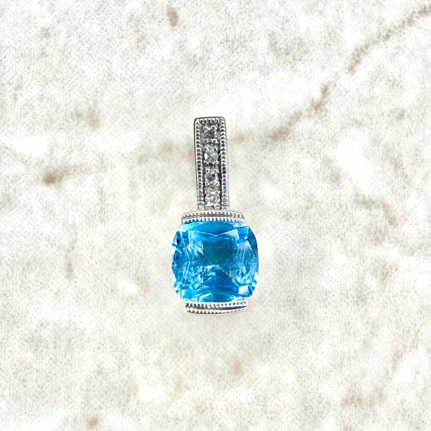 Solid 10K White Gold Swiss Blue Topaz & Diamond Pendant - WeilJewelry