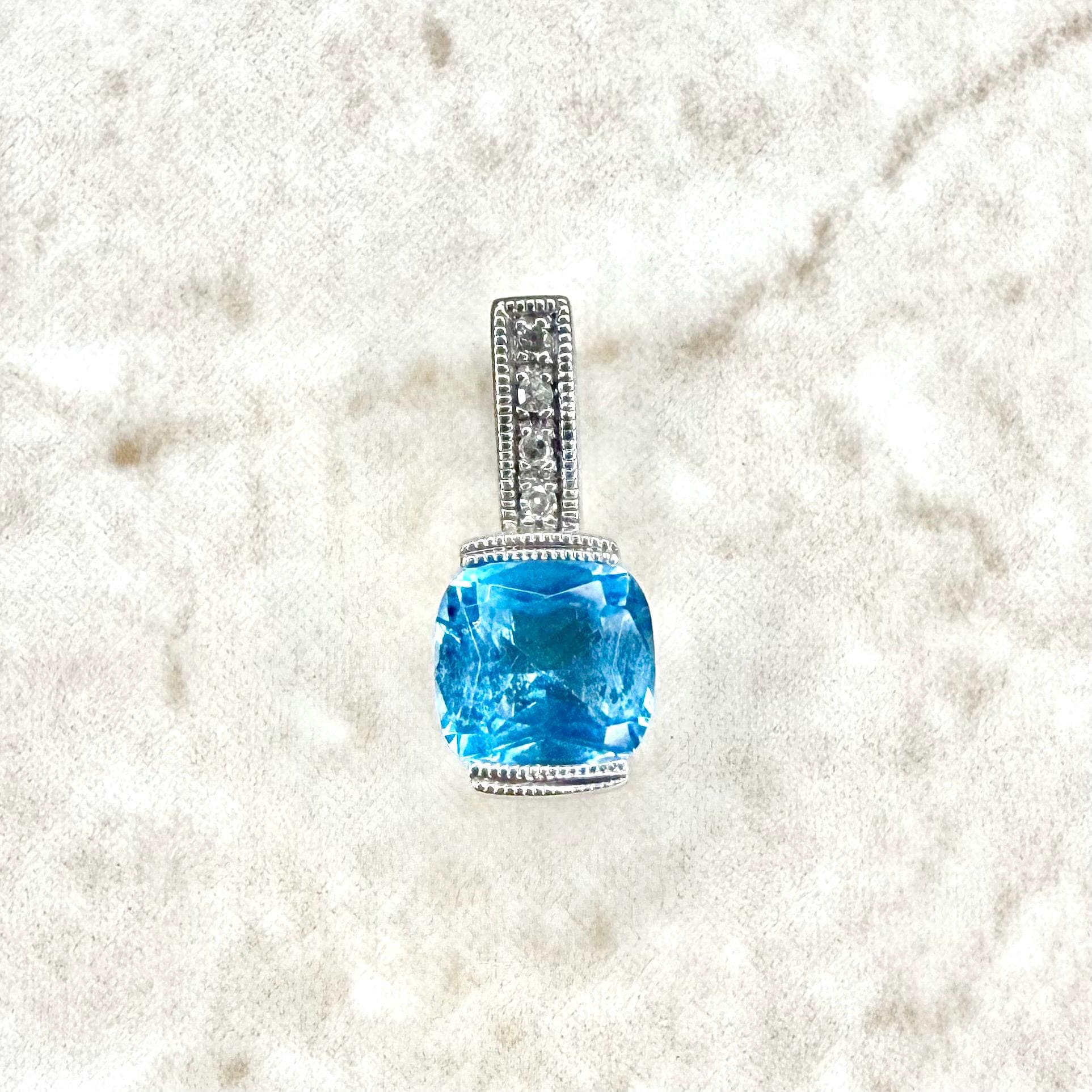 Solid 10K White Gold Swiss Blue Topaz & Diamond Pendant - WeilJewelry