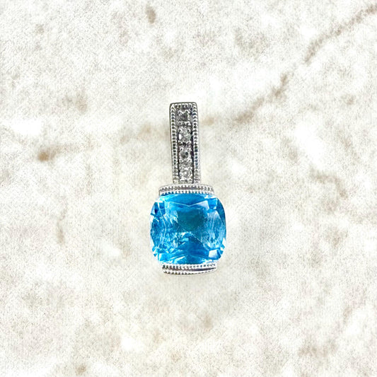 Solid 10K White Gold Swiss Blue Topaz & Diamond Pendant - WeilJewelry