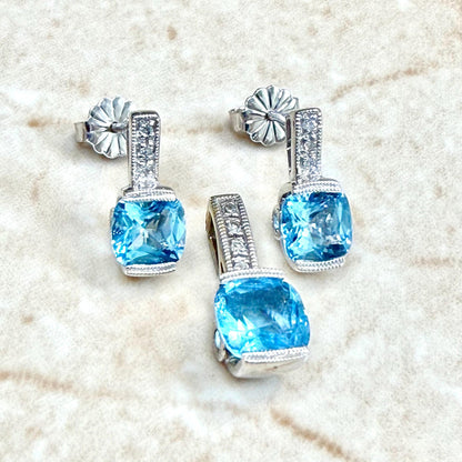Solid 10K White Gold Swiss Blue Topaz Pendant & Earrings Set - WeilJewelry