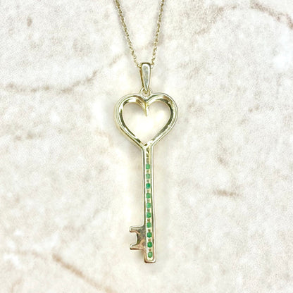 Solid 10K Yellow Gold Natural Emerald Heart Key Pendant Necklace - WeilJewelry