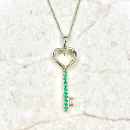 Solid 10K Yellow Gold Natural Emerald Heart Key Pendant Necklace - WeilJewelry