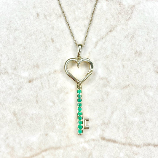 Solid 10K Yellow Gold Natural Emerald Heart Key Pendant Necklace - WeilJewelry