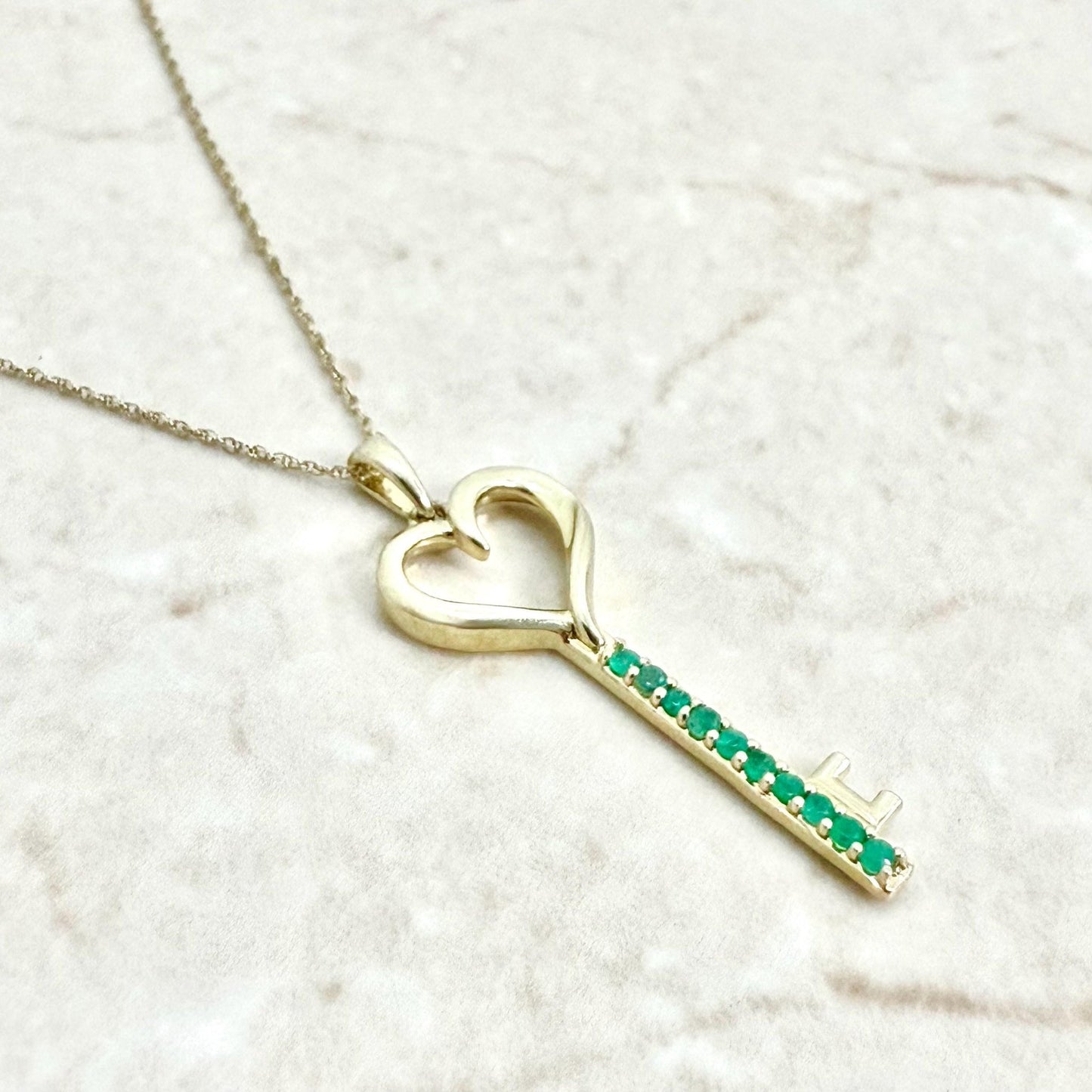 Solid 10K Yellow Gold Natural Emerald Heart Key Pendant Necklace - WeilJewelry