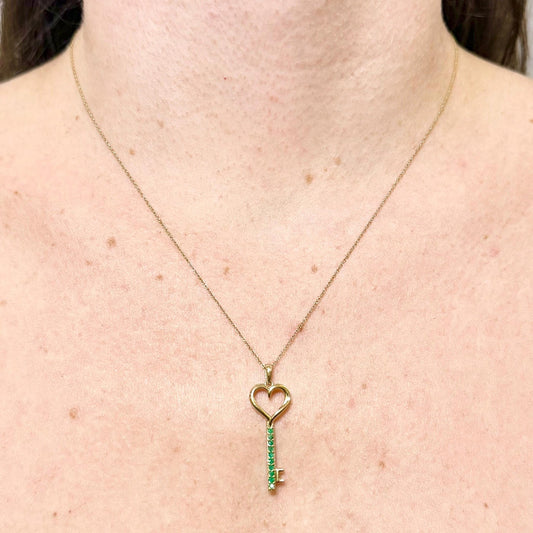 Solid 10K Yellow Gold Natural Emerald Heart Key Pendant Necklace - WeilJewelry