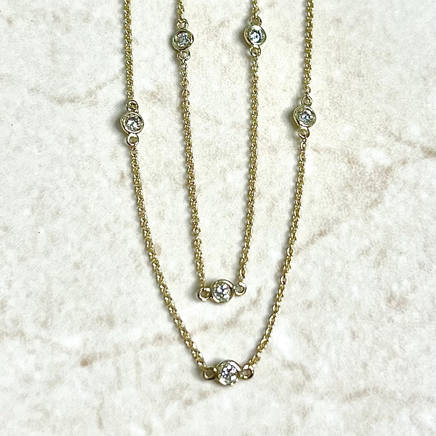 Solid 14 Karat Yellow Gold 0.50 Carat Bezel Diamond Station By The Yard Necklace - WeilJewelry