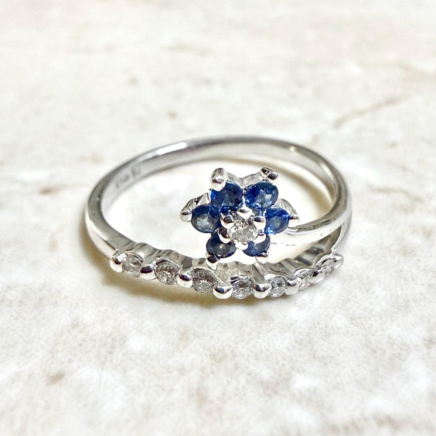 Solid 14K White Gold Blue Sapphire & Diamond Flower Ring - WeilJewelry
