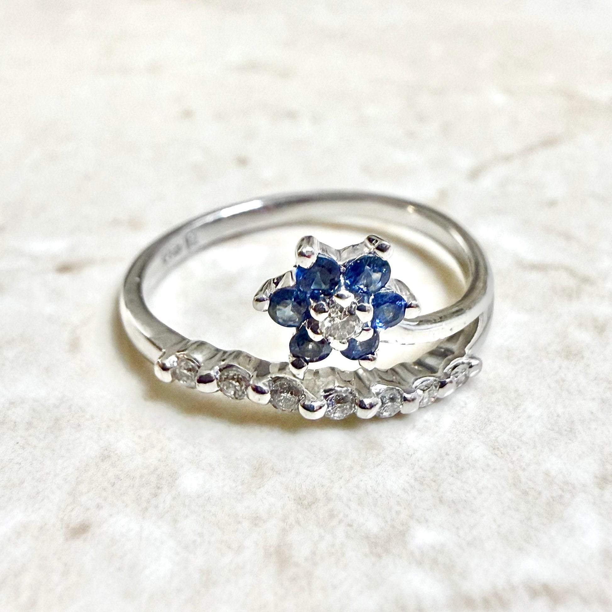 Solid 14K White Gold Blue Sapphire & Diamond Flower Ring - WeilJewelry