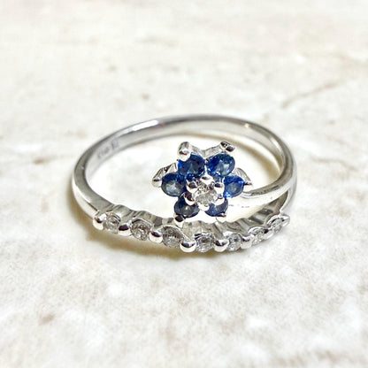 Solid 14K White Gold Blue Sapphire & Diamond Flower Ring - WeilJewelry