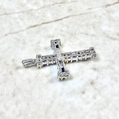 Solid 14K White Gold Natural Diamond & Sapphire Cross Pendant - WeilJewelry