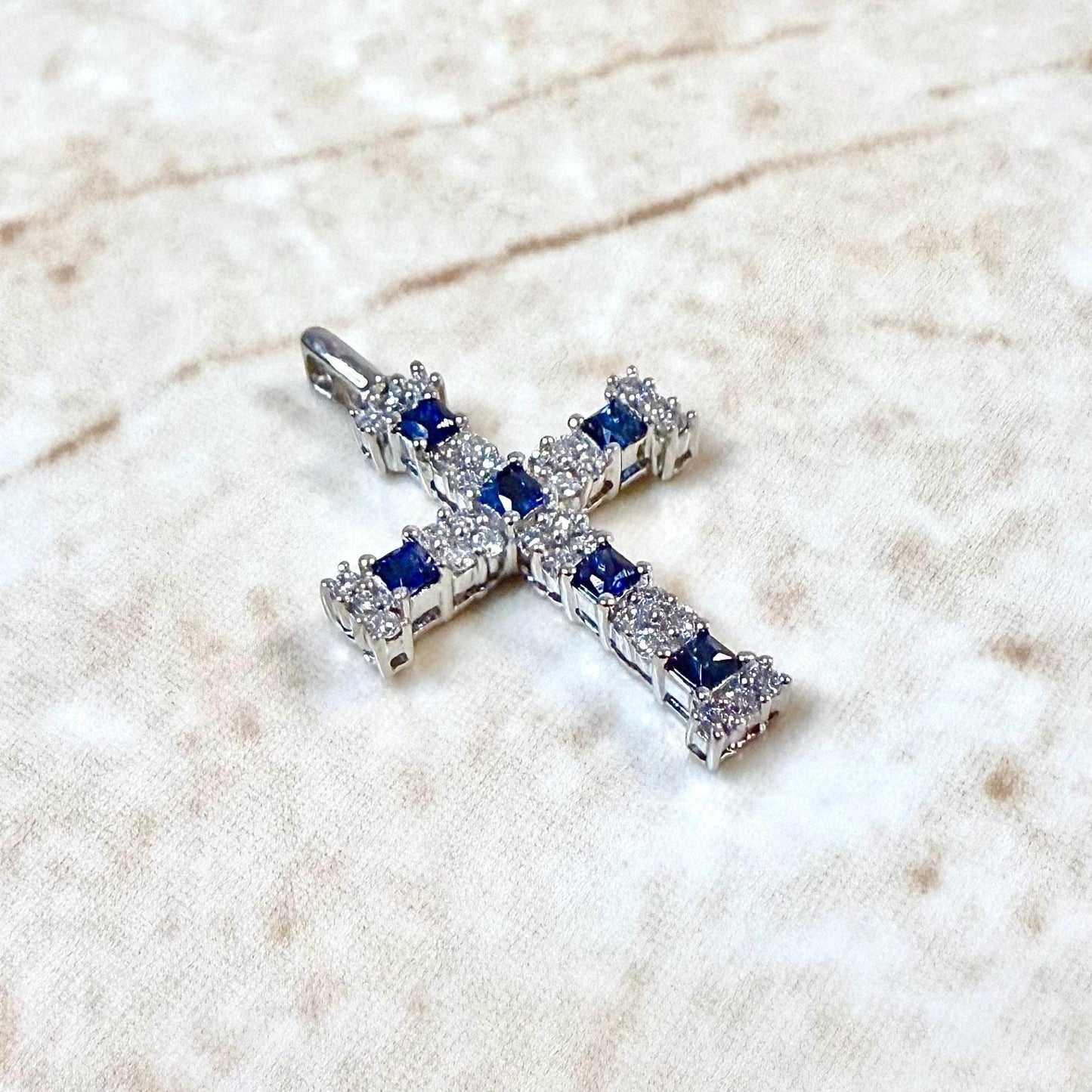 Solid 14K White Gold Natural Diamond & Sapphire Cross Pendant - WeilJewelry