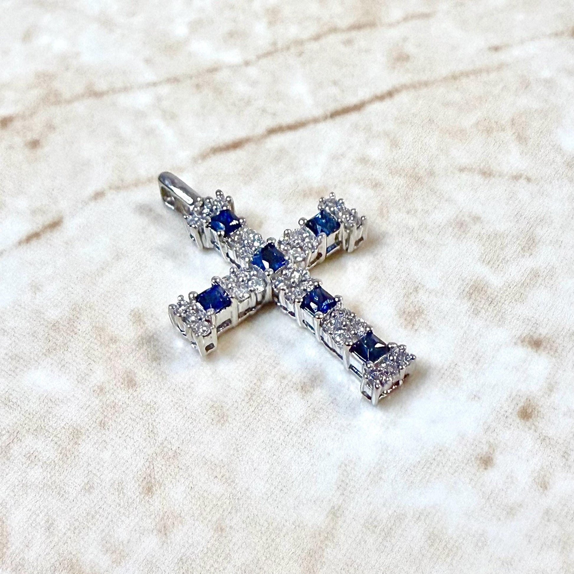 Solid 14K White Gold Natural Diamond & Sapphire Cross Pendant - WeilJewelry