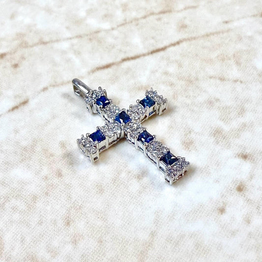 Solid 14K White Gold Natural Diamond & Sapphire Cross Pendant - WeilJewelry