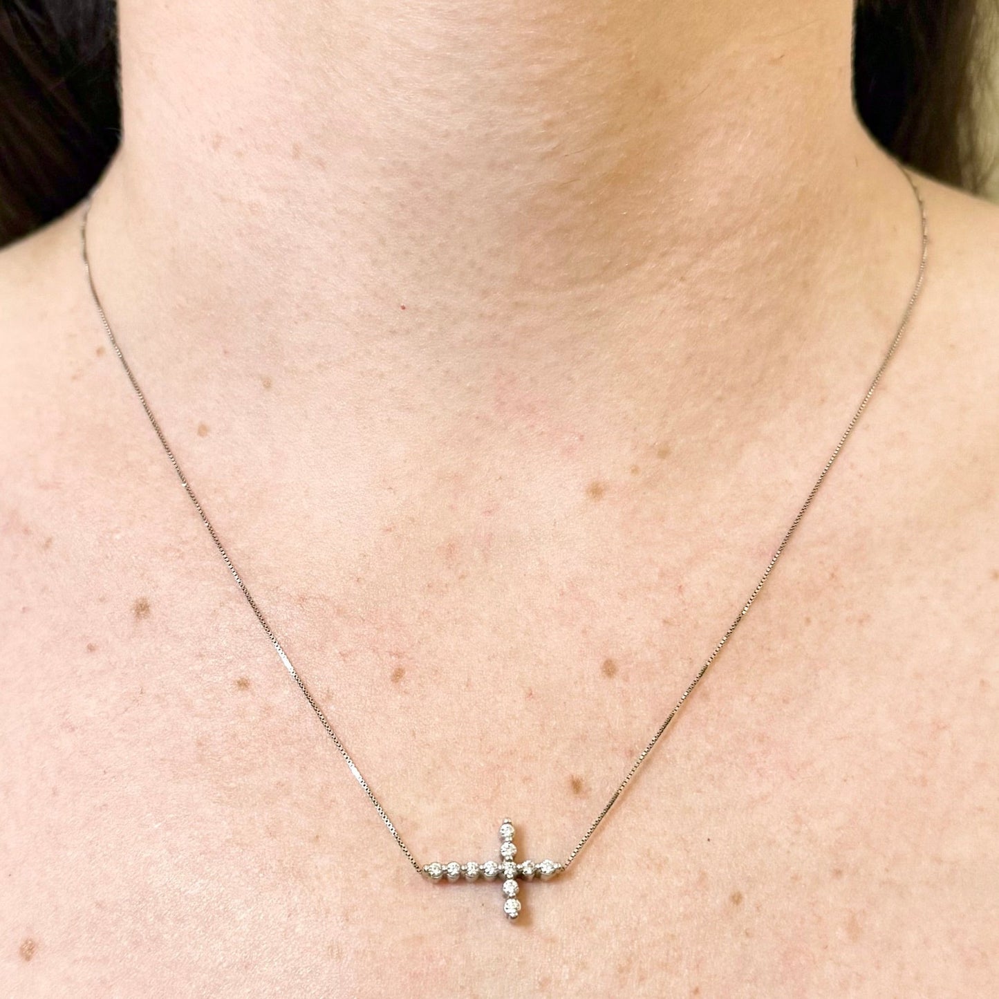 Solid 18 Karat White Gold Sideways Diamond Cross Pendant Necklace - WeilJewelry