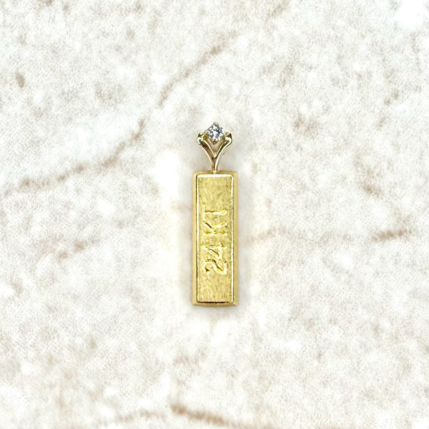 Solid 24K Pure Gold Bar Charm Pendant With Diamond Accent - WeilJewelry