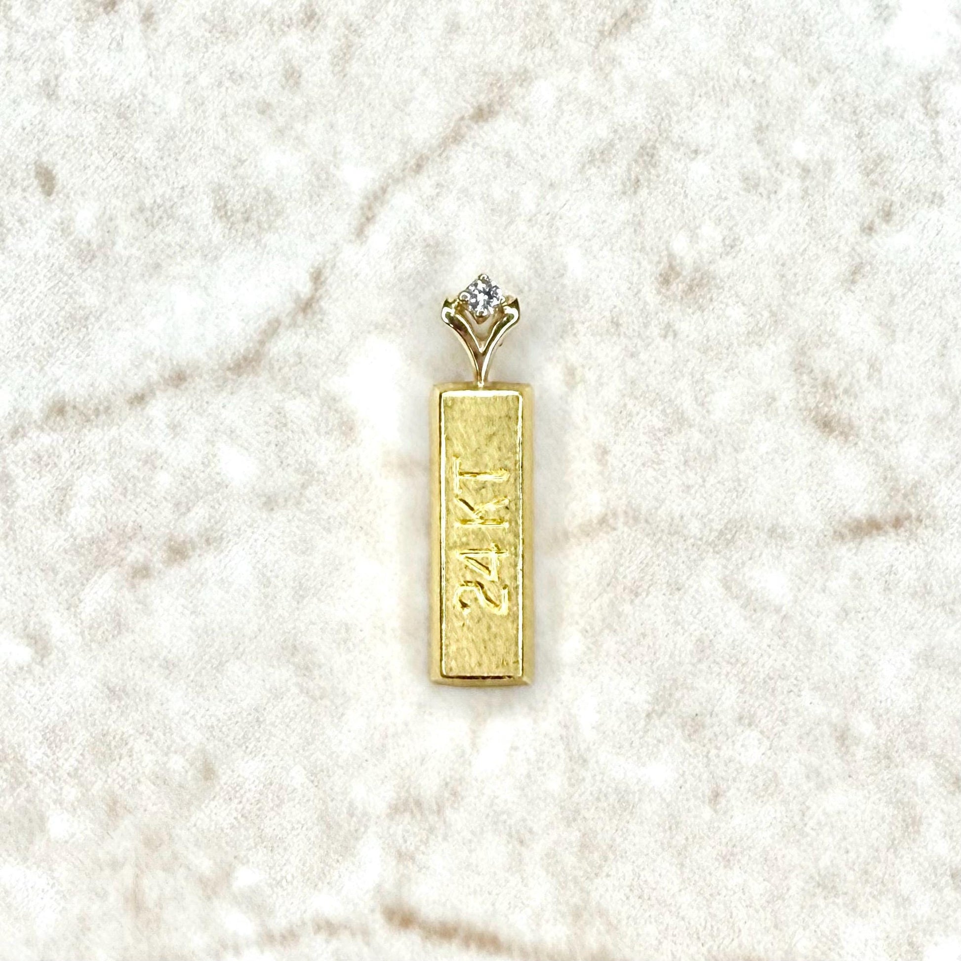 Solid 24K Pure Gold Bar Charm Pendant With Diamond Accent - WeilJewelry