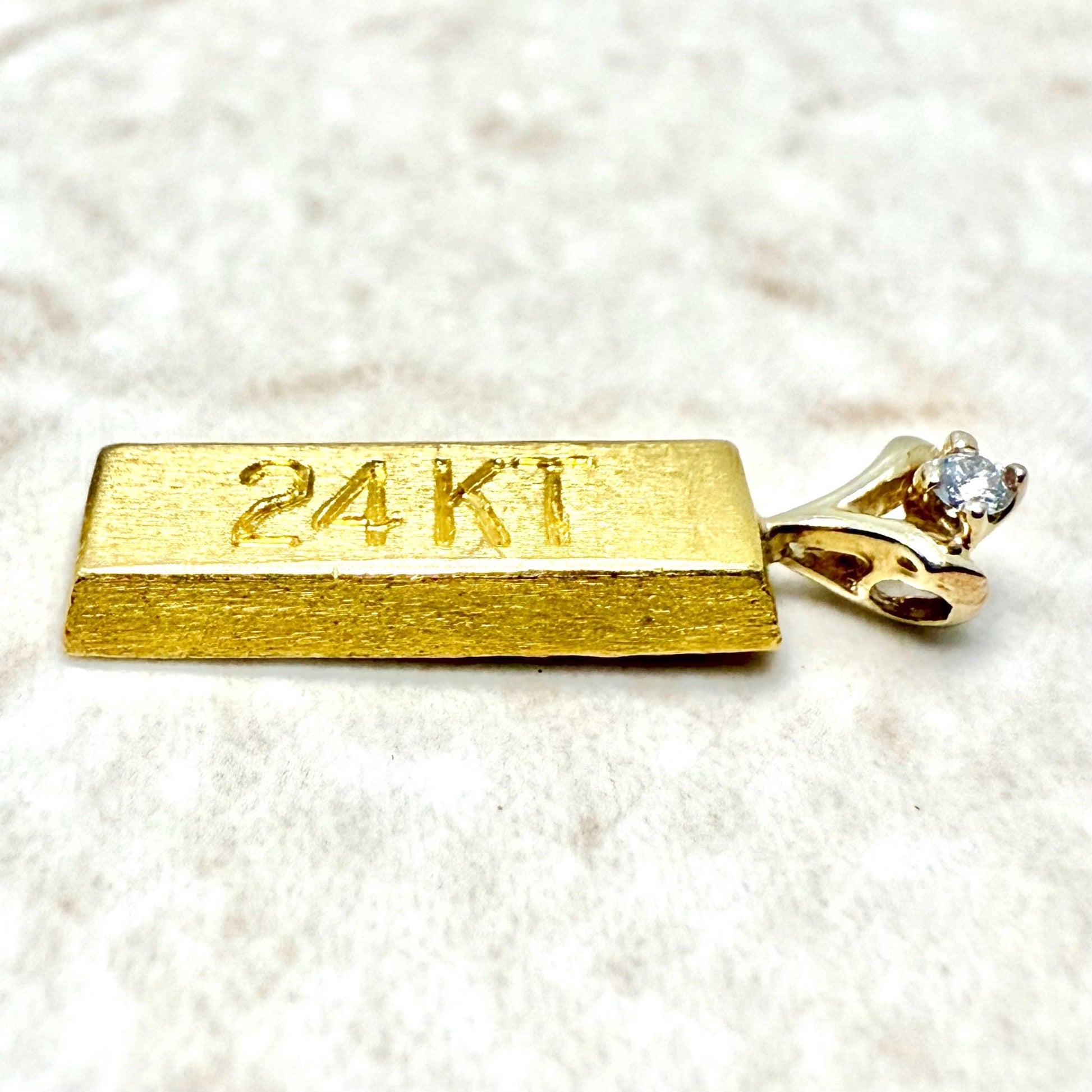 Solid 24K Pure Gold Bar Charm Pendant With Diamond Accent - WeilJewelry