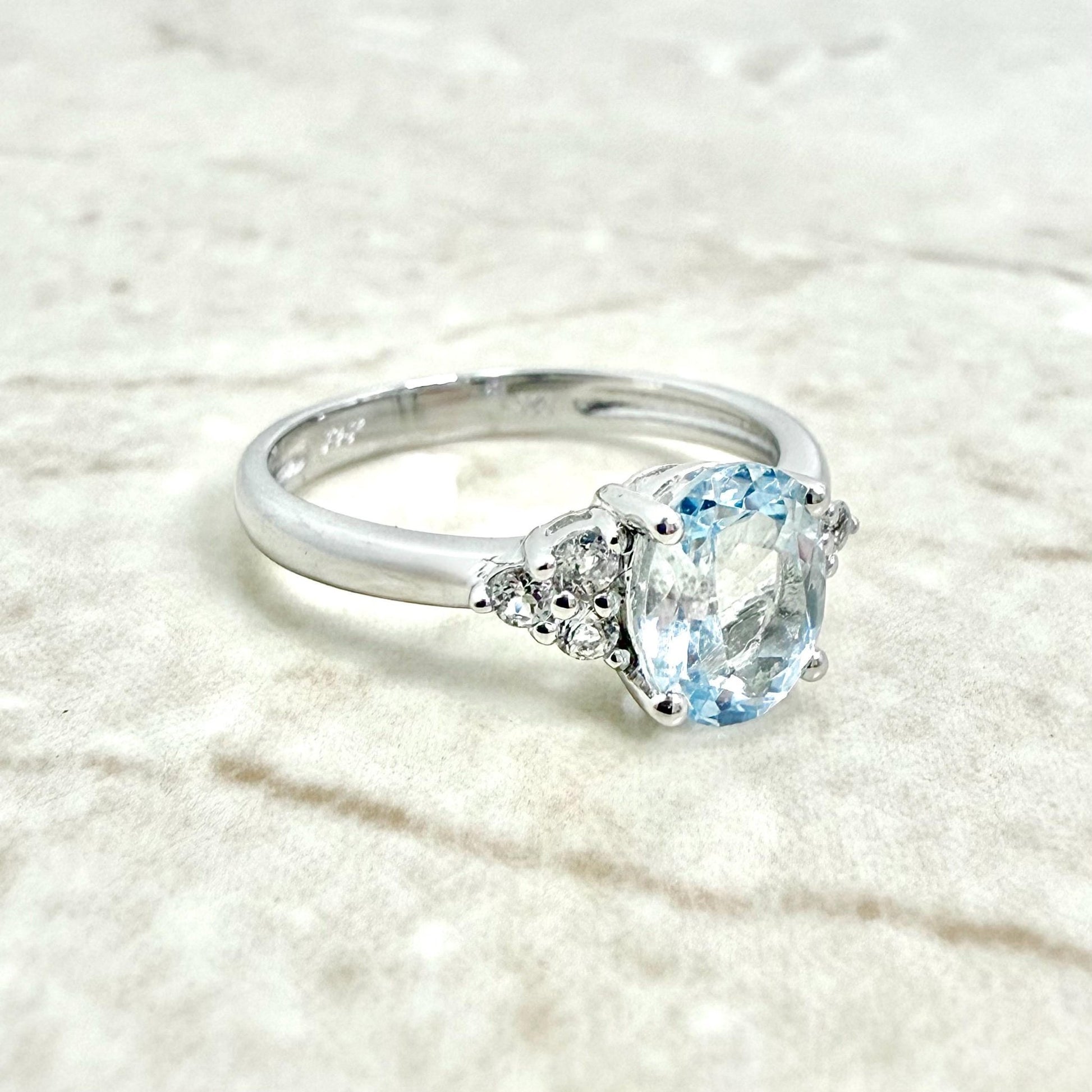 Sterling Silver Natural Oval Aquamarine & White Topaz Ring - WeilJewelry