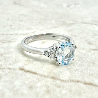 Sterling Silver Natural Oval Aquamarine & White Topaz Ring - WeilJewelry