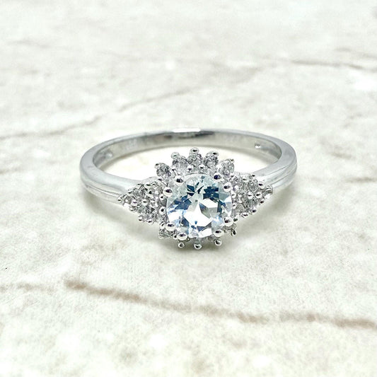 Sterling Silver Natural Round Aquamarine & White Topaz Halo Ring - WeilJewelry