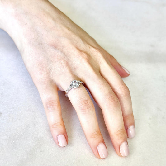 Sterling Silver Natural Round Aquamarine & White Topaz Halo Ring - WeilJewelry