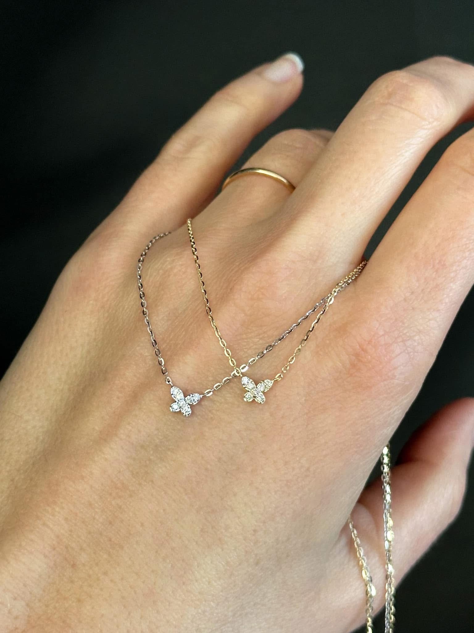 Tiny 14 Karat White Gold Diamond Butterfly Pendant Necklace - WeilJewelry