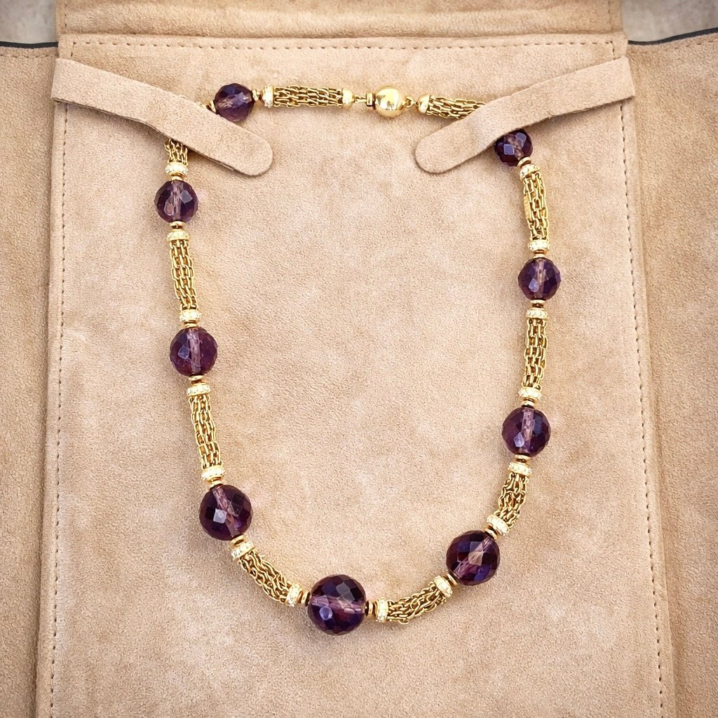 Unique Vintage 1980’s Bvlgari 18 Karat Yellow Gold Amethyst & Diamond Necklace - WeilJewelry