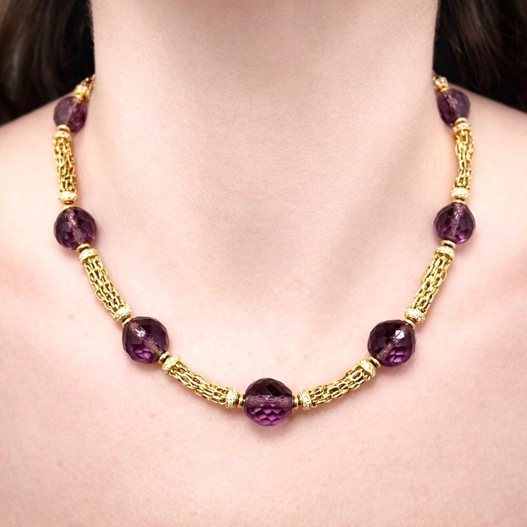 Unique Vintage 1980’s Bvlgari 18 Karat Yellow Gold Amethyst & Diamond Necklace - WeilJewelry