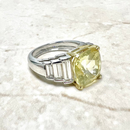 Very Fine Untreated 8.12 Carats Cushion Cut Yellow Sapphire & Diamond Ring - WeilJewelry