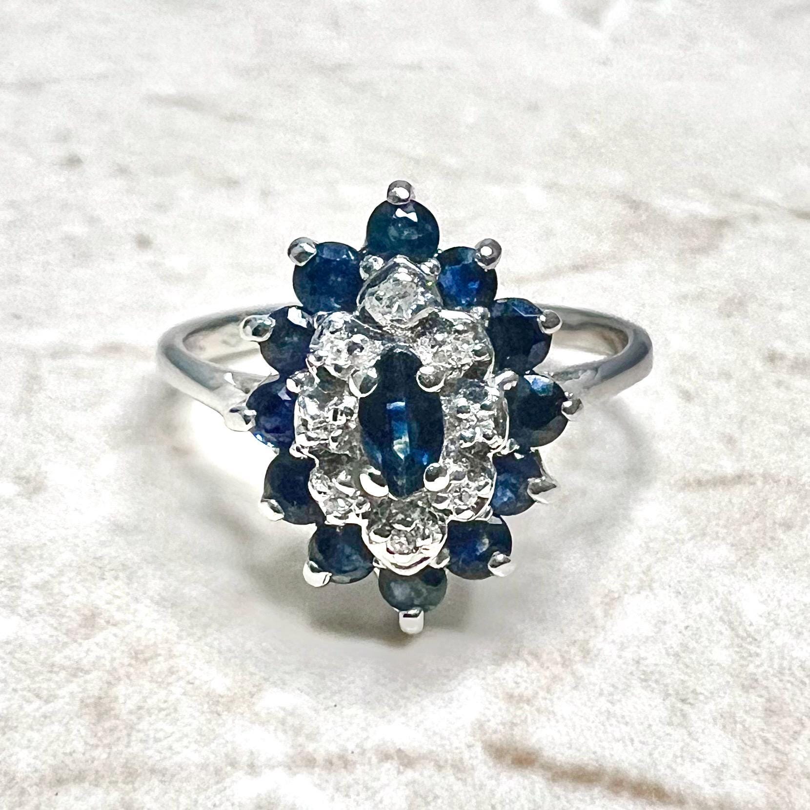 Vintage 10 Karat White Gold Diamond & Sapphire Navette Ring - WeilJewelry