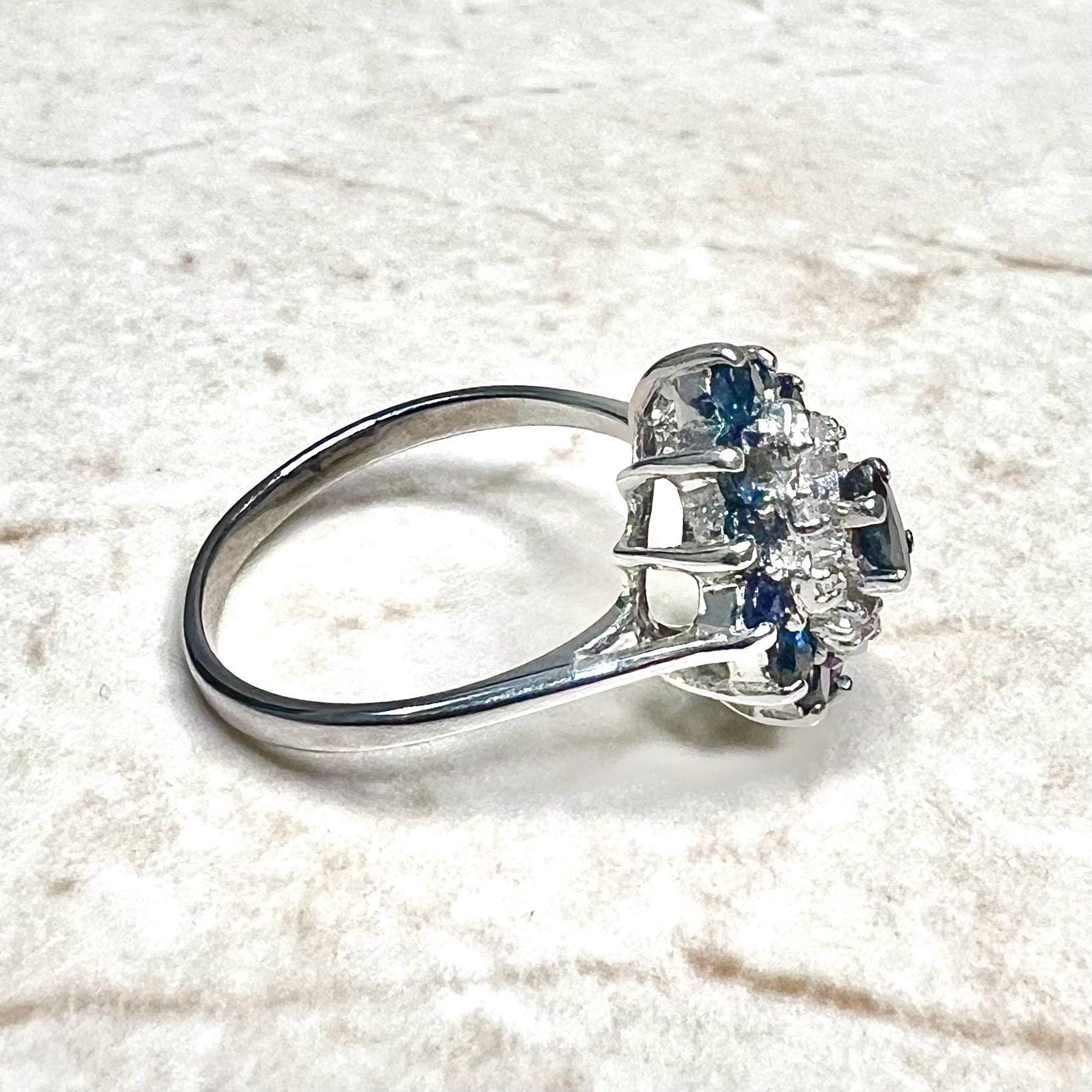 Vintage 10 Karat White Gold Diamond & Sapphire Navette Ring - WeilJewelry