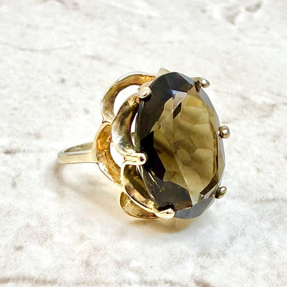 Vintage 10K Yellow Gold 12 Carat Oval Smoky Quartz Cocktail Ring - WeilJewelry