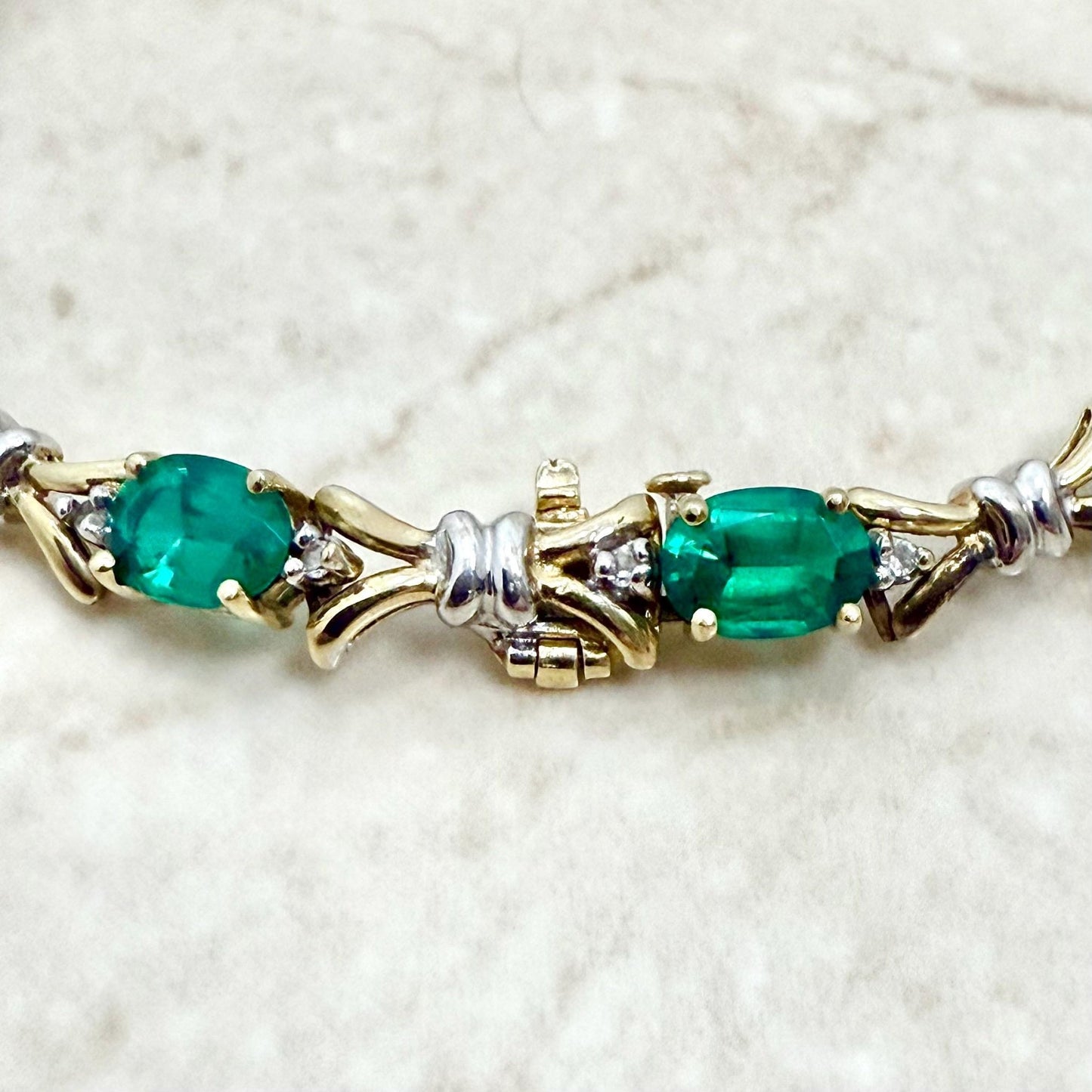 Vintage 10K Yellow Gold Oval Synthetic Emerald & Diamond Bracelet - WeilJewelry
