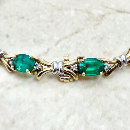 Vintage 10K Yellow Gold Oval Synthetic Emerald & Diamond Bracelet - WeilJewelry