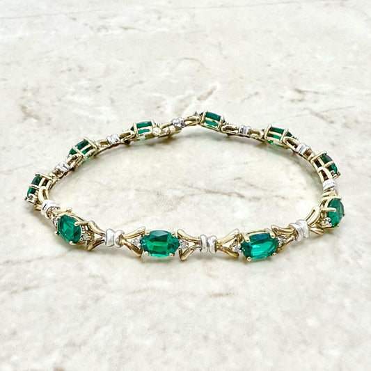 Vintage 10K Yellow Gold Oval Synthetic Emerald & Diamond Bracelet - WeilJewelry