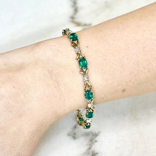 Vintage 10K Yellow Gold Oval Synthetic Emerald & Diamond Bracelet - WeilJewelry
