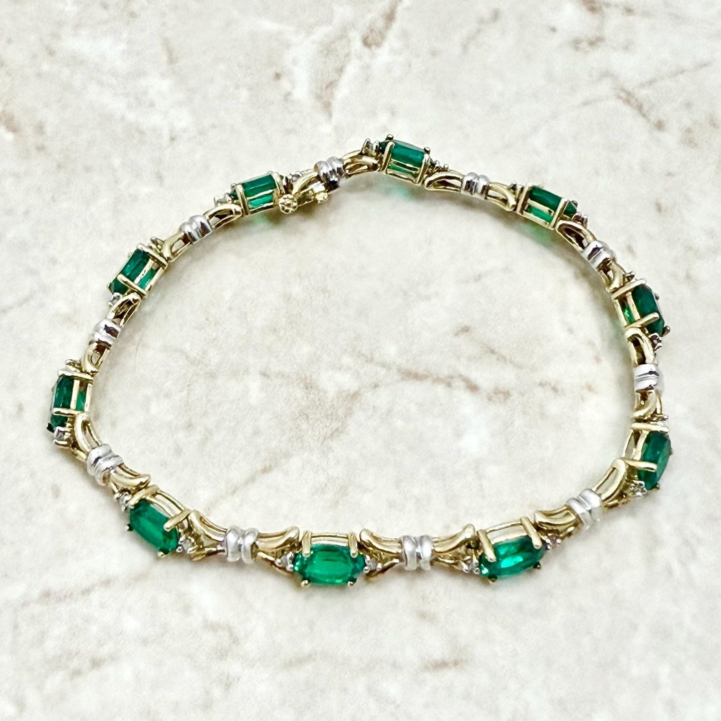 Vintage 10K Yellow Gold Oval Synthetic Emerald & Diamond Bracelet - WeilJewelry