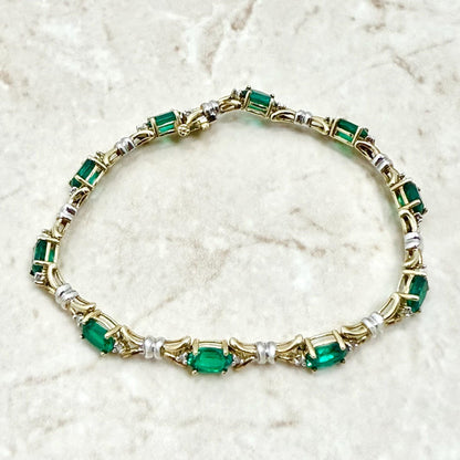 Vintage 10K Yellow Gold Oval Synthetic Emerald & Diamond Bracelet - WeilJewelry