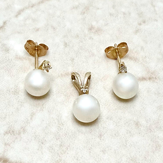 Vintage 10K Yellow Gold Pearl & Diamond Pendant & Stud Earrings Set - WeilJewelry