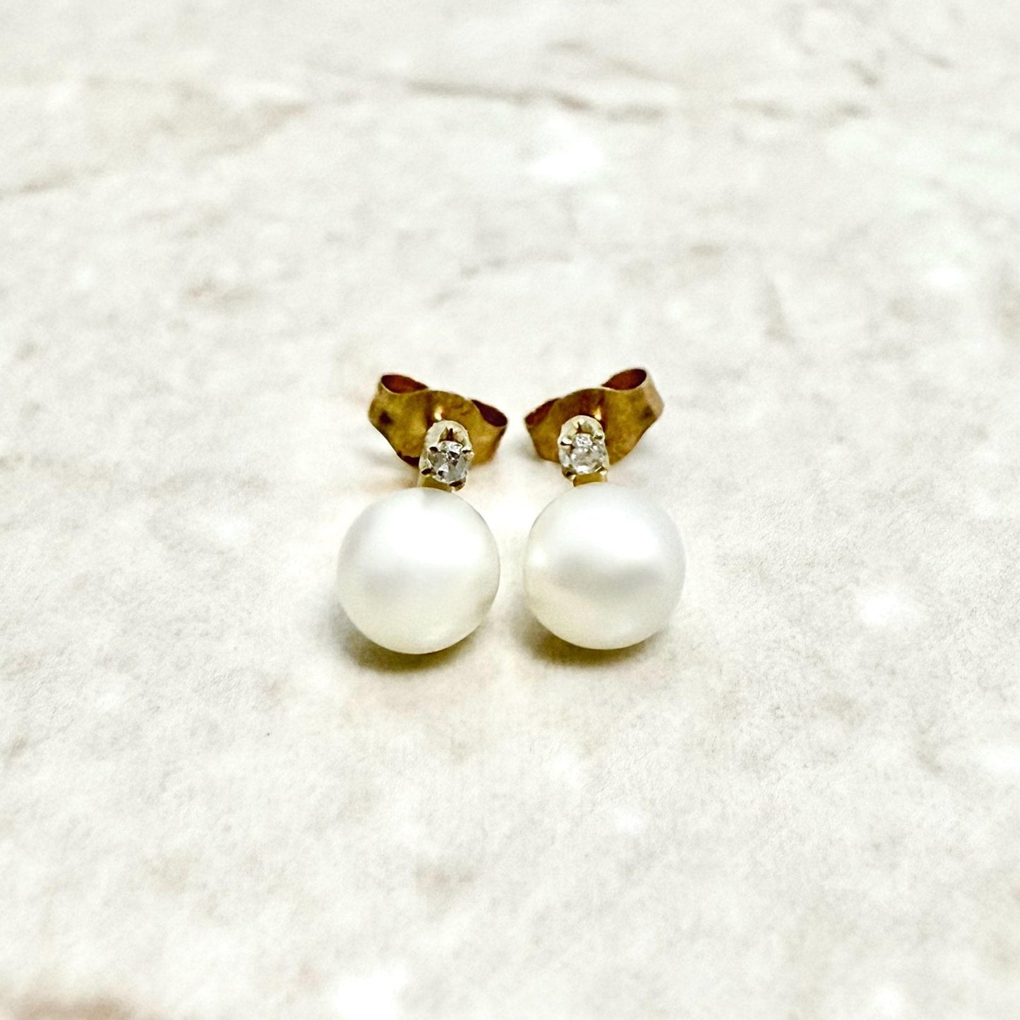 Vintage 10K Yellow Gold Pearl & Diamond Pendant & Stud Earrings Set - WeilJewelry