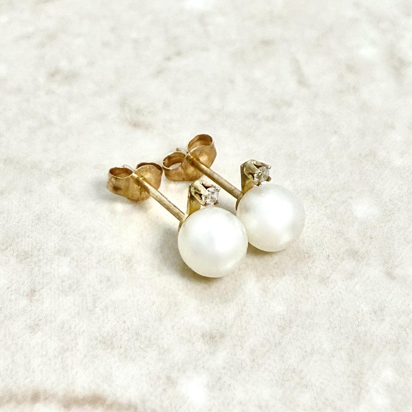 Vintage 10K Yellow Gold White Pearl & Diamond Stud Earrings - WeilJewelry