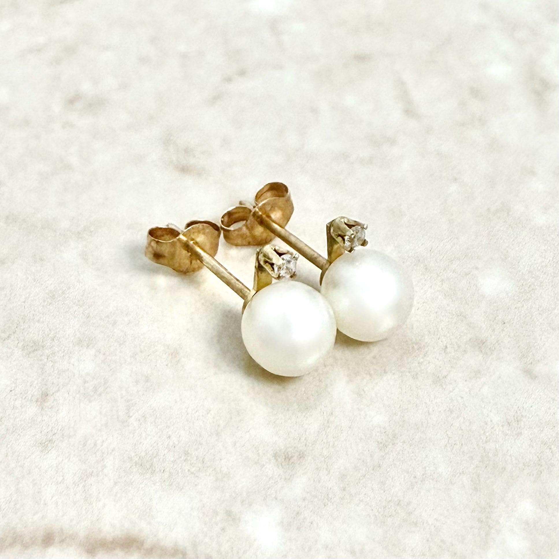 Vintage 10K Yellow Gold White Pearl & Diamond Stud Earrings - WeilJewelry