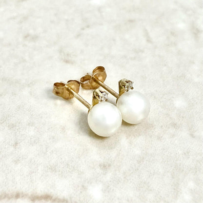 Vintage 10K Yellow Gold White Pearl & Diamond Stud Earrings - WeilJewelry