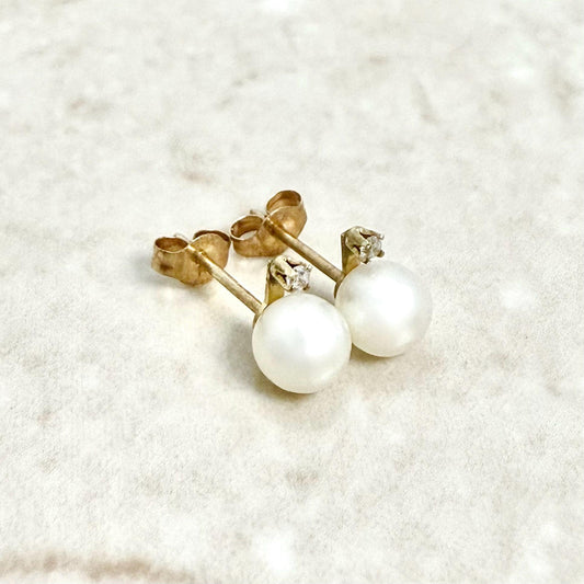 Vintage 10K Yellow Gold White Pearl & Diamond Stud Earrings - WeilJewelry
